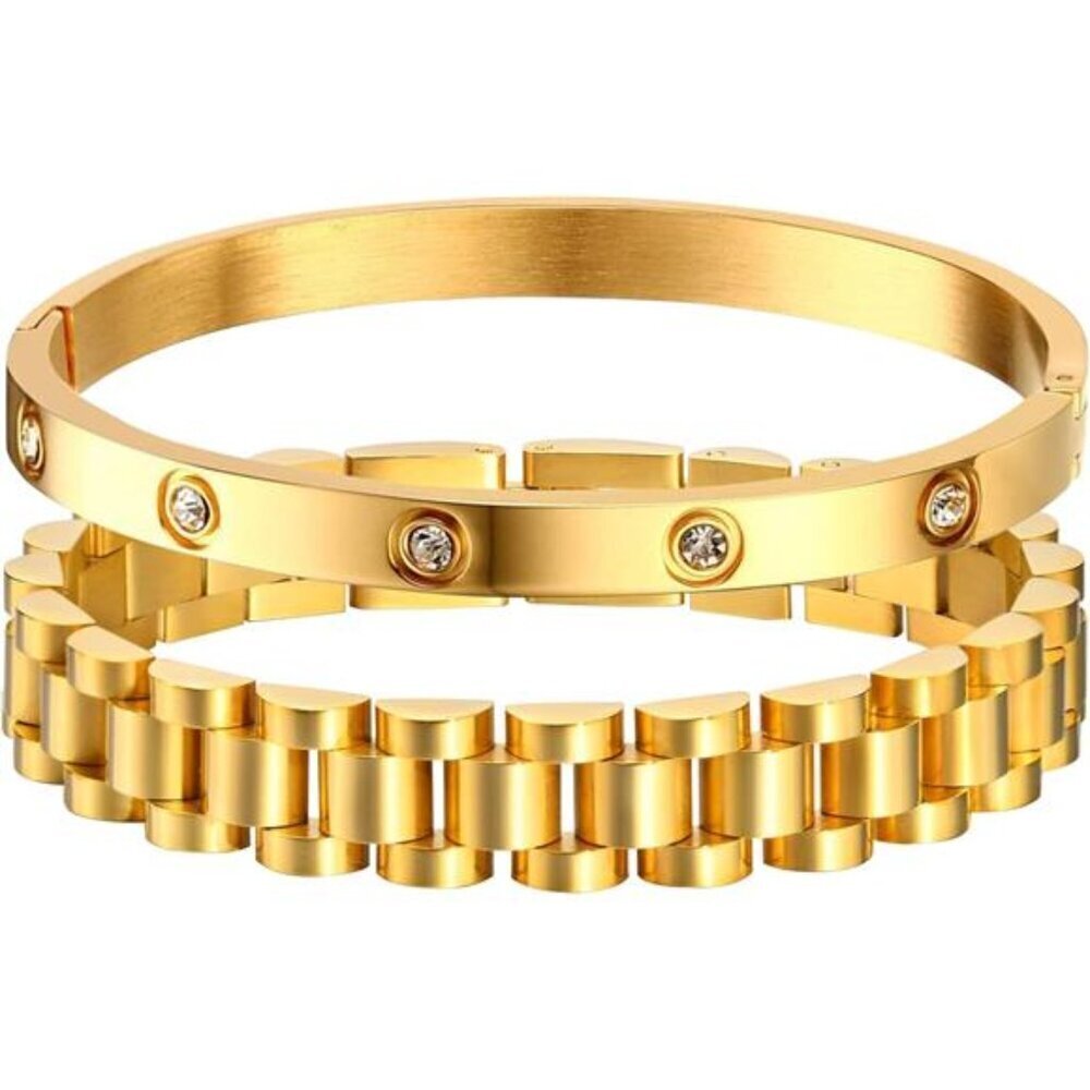 Gold Chain Link Bracelet Set Stainless Steel Crystal